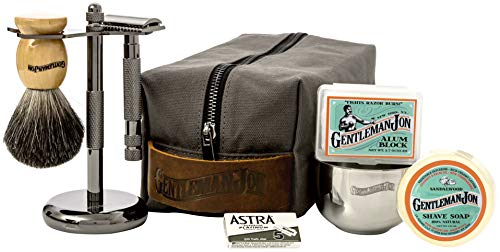 Gentleman Jon Deluxe Wet Shave Kit | Includes 8 Items: Safety Razor, Badger  Hair Brush, Shave Stand, Canvas & Leather Dopp Kit, Alum Block, Shave