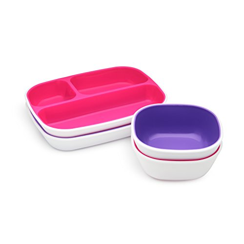 Munchkin Splash 4 Piece Toddler Divided Plate and Bowl Dining Set, Pink/Purple