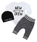 Newborn Baby Boy Clothes New to The Crew Letter Print Romper+Long Pants+Hat 3PCS Outfits Set (White, 3-6 Months)