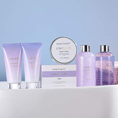 Bath and Body Gift Set - Luxurious 6 Pcs Bath Kit for Women, Body & Earth Spa Set with Lavender Scent - Bubble Bath, Shower Gel, Hand & Face Cream, Body Lotion, Perfect Gift Box for Women