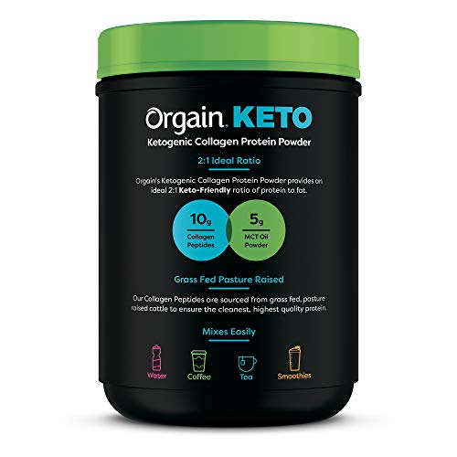 Polvo de proteína de colágeno cetogénico Orgain con aceite MCT, vainilla - Apto para paleo, péptidos de colágeno hidrolizados alimentados con pasto tipo I y III, sin lácteos, sin lactosa, sin gluten, sin soja, 0.88 libras