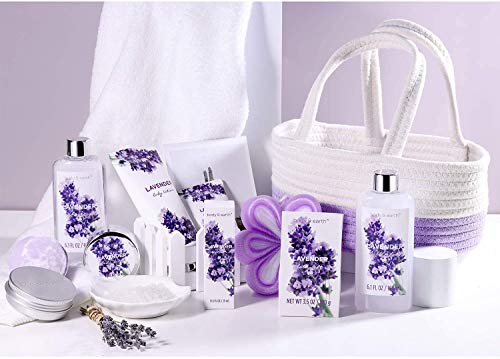 Bath Spa Gift Set, Gift Basket 11-Piece Lavender Scented Spa Basket Kits for Women, Contains Essential Oil, Shower Gel, Bubble Bath, Body Lotion, Bath Salt, Body Scrub, Best Gift for Her