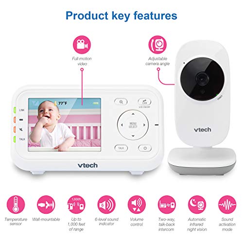 VTech VM3252 Video Baby Monitor with 1000ft Long Range, Auto Night Vision, 2.8” Screen, 2-Way Audio Talk, Temperature Sensor, Power Saving Mode, Lullabies and Wall-mountable Camera with bracket