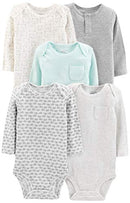 Simple Joys by Carter's Baby 5-Pack Neutral Long-Sleeve Bodysuit, Grey/Blue Stripe, 3-6 Months