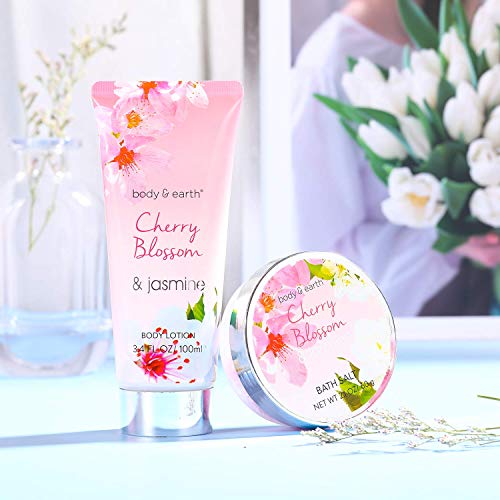 Bath Set for Women - Body&Earth 8 Pcs Gift Basket with Cherry Blossom & Jasmine Scent, Includes Bubble Bath, Shower Gel, Body & Hand Lotion, Bath Salts and More, Perfect Gifts Set for Home Relaxation