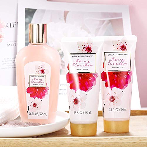 Bath Gift Sets for Women- Luxury 11pcs Spa Gift Baskets with Cherry Blossom Scent Shower Gel, Body Lotion, Reed Diffuser in Pink Tote Bag, Great Women Gift Idea for Valentine's Day Birthday Christmas