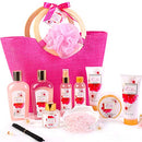 Bath Gift Sets for Women- Luxury 11pcs Spa Gift Baskets with Cherry Blossom Scent Shower Gel, Body Lotion, Reed Diffuser in Pink Tote Bag, Great Women Gift Idea for Valentine's Day Birthday Christmas