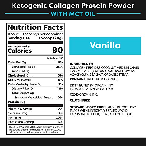 Polvo de proteína de colágeno cetogénico Orgain con aceite MCT, vainilla - Apto para paleo, péptidos de colágeno hidrolizados alimentados con pasto tipo I y III, sin lácteos, sin lactosa, sin gluten, sin soja, 0.88 libras