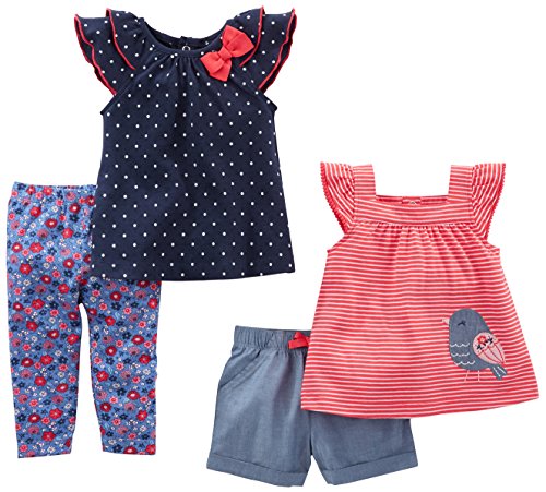 Simple Joys by Carter's Baby Girls Baby 4-Piece Playwear Set, Navy Dot/Red Stripe Bird, 0-3 Months