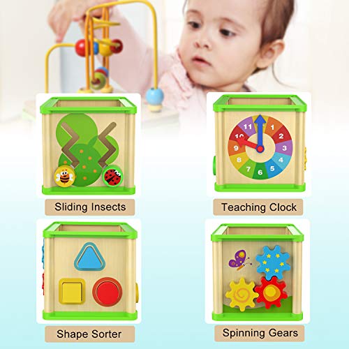 TOP BRIGHT Wooden Activity Cube Toys for 1 2 Year Old Girl Boy, One Year Old First Birthday Gift Ideas, Wooden Toy with Bead Maze Shape Sorter