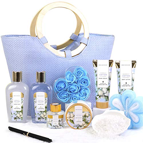 Spa Gift Set for Women- 10pcs Cotton Scent Gift Box in Exquisite Tote Bag, Shower Gel, Bath Salts, Reed Diffuser, Best Gift Baskets for Women's Valentine, Birthday