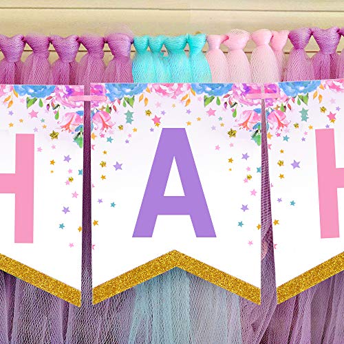 Banner de feliz cumpleaños de unicornio con bolas de pompones Decoraciones