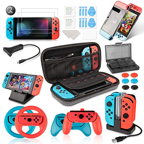 Keten Accessories Kit for Nintendo Switch, Including Carry Case, Charging Dock, Playstand, Extension Cable, Game Card Case, Screen Protector, Joy-Con Grips, Wheels, Crystal Case, TPU Case, Caps