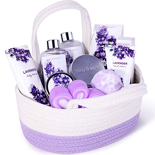 Bath Spa Gift Set, Gift Basket 11-Piece Lavender Scented Spa Basket Kits for Women, Contains Essential Oil, Shower Gel, Bubble Bath, Body Lotion, Bath Salt, Body Scrub, Best Gift for Her