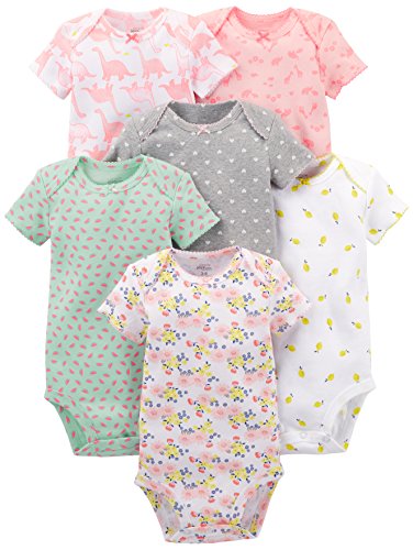 Simple Joys by Carter's Baby Girls' 6-Pack Short-Sleeve Bodysuit, Pink Dino, Floral, Mint, White, Gray, 0-3 Months