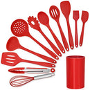 LIANYU 12-Piece Red Silicone Kitchen Cooking Utensils with Holder, Kitchen Tools Set Include Slotted Spatula Spoon Turner Ladle Tong Whisk, Dishwasher Safe