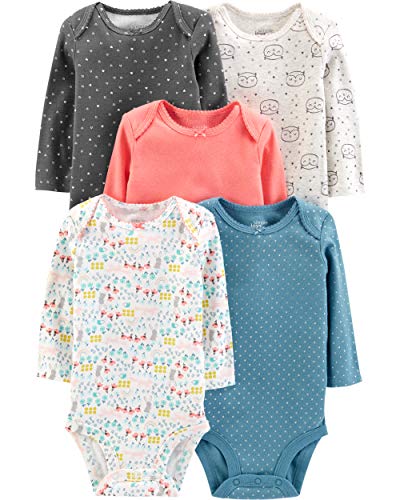 Simple Joys by Carter's Girls' 5-Pack Long-Sleeve Bodysuit, Dots/Owl/Print, Newborn