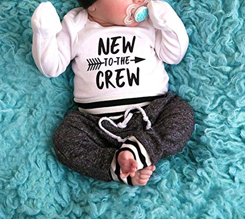Newborn Baby Boy Clothes New to The Crew Letter Print Romper+Long Pants+Hat 3PCS Outfits Set (White, 3-6 Months)