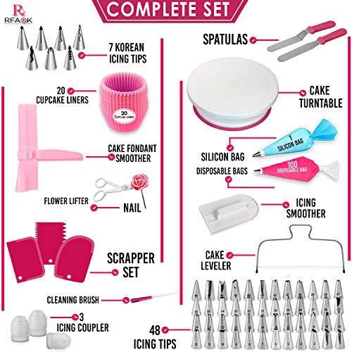 200 Pcs Cake Decorating Supplies Kit for Beginners-1 Cake Turntable Stand with Piping bags and Tips -2 Spatula-Cake Leveler & Icing Smoother-55 Piping tips & Nozzles-Baking tools -20 Cupcake liners
