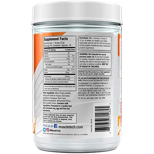 MuscleTech Iso Whey Clear Hydrolyzed Protein Drink Mix Powder, Ultra-Pure Isolate, Light and Refreshing, Keto Friendly, Orange Dreamsicle, 22 Grams Protein, 1.1 Pounds (19 Servings)