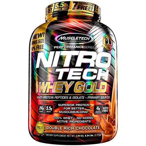 MuscleTech NitroTech Whey Gold, 100% Whey Protein Powder, Whey Isolate and Whey Peptides, Double Rich Chocolate, 5.5 Pounds (76 Servings)