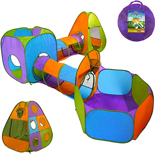 Playz 5-Piece Kids Pop up Play Tent Crawl Tunnel and Ball Pit with Basketball Hoop Playhouse for Boys, Girls, Babies, and Toddlers (Purple, Orange, Yellow, Red, Blue)