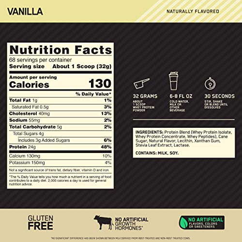 Optimum Nutrition Gold Standard 100% Whey Protein Powder, Naturally Flavored Vanilla, 4.8 Pound (Packaging May Vary)