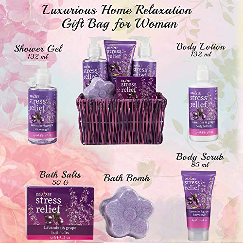 Draizee Home Spa Gift Set Luxurious 5 Piece Home Relaxation Lavender and Grape Fragrance Gift Basket for Women, Girlfriend -