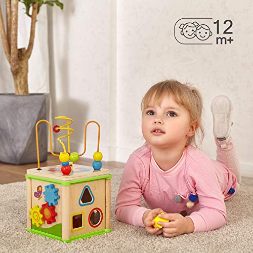 TOP BRIGHT Wooden Activity Cube Toys for 1 2 Year Old Girl Boy, One Year Old First Birthday Gift Ideas, Wooden Toy with Bead Maze Shape Sorter