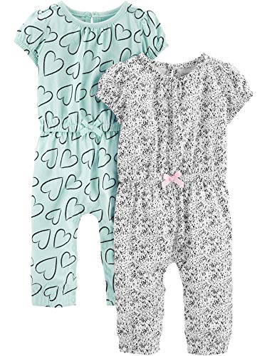 Simple Joys by Carter's Girls' 2-Pack Fashion Jumpsuits, Blue Hearts/Gray, Newborn