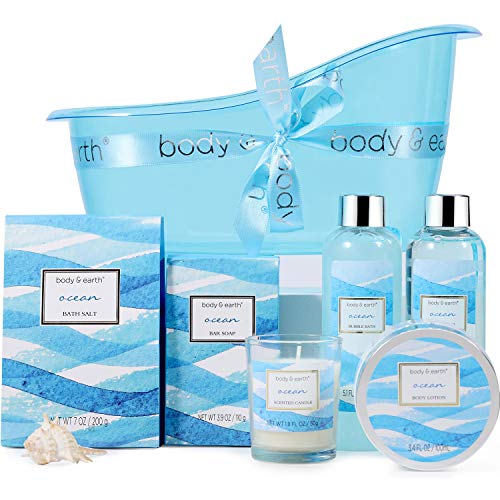 Bath Gift Set for Women,Body & Earth Home Spa Kit Scented with Ocean,Bath and Body Gift Basket Set,Spa Gifts for Women,7 Pcs Bath Set,Best Gift Ideal for Her