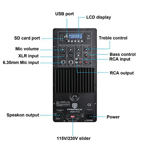 PRORECK Party 12 Portable 12-Inch 1000 Watts 2-Way Powered PA Speaker System Combo Set with Bluetooth/USB/SD Card Reader/FM Radio/Remote Control/Speaker Stand