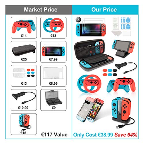 Keten Accessories Kit for Nintendo Switch, Including Carry Case, Charging Dock, Playstand, Extension Cable, Game Card Case, Screen Protector, Joy-Con Grips, Wheels, Crystal Case, TPU Case, Caps