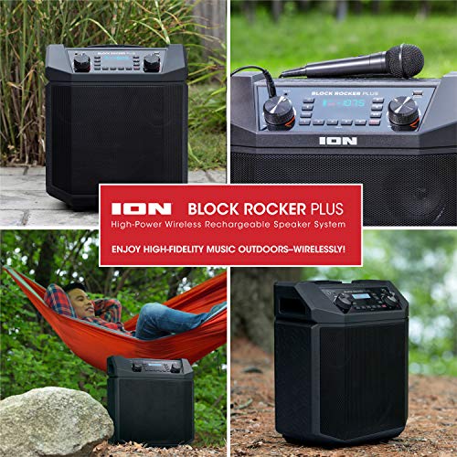 ION Audio Block Rocker Plus | 100W Portable Speaker, Battery Powered with Bluetooth, Microphone & Cable, AM/FM Radio, Wheels & Telescopic Handle and USB Charging For Smartphones & Tablets