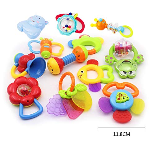 WISHTIME Rattle Teether Baby Toys - Baby 11pcs Shake and GRAP Baby Hand Development Rattle Toys for Newborn Infant with Giant Bottle Gift for 3 6 9 12 18Month