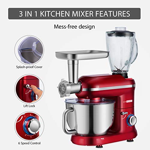 VIVOHOME 3 in 1 Multifunctional Stand Mixer with 6 Quart Stainless Steel Bowl, 650W 6-Speed Tilt-Head Meat Grinder Juice Blender, ETL Listed, Red
