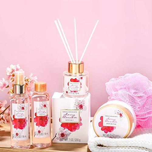 Bath Gift Sets for Women- Luxury 11pcs Spa Gift Baskets with Cherry Blossom Scent Shower Gel, Body Lotion, Reed Diffuser in Pink Tote Bag, Great Women Gift Idea for Valentine's Day Birthday Christmas