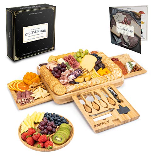 Juego de cuchillos y tabla de queso: fuente de madera para charcutería de 16 x 13 x 2 pulgadas para vino, queso y carne