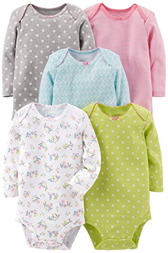 Simple Joys by Carter's Baby Girls 5-Pack Long-Sleeve Bodysuit, Grey/Pink/Lime/Blue, Newborn