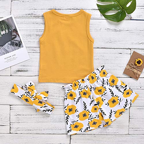 Toddler Baby Girl Outfits Flower Tops Sleeveless Vest Shorts Headband Summer Clothes Set(Size110/3-4T) Yellow