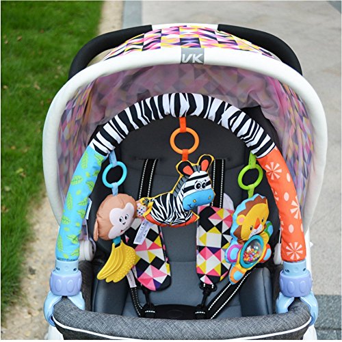 VX-star Baby Travel Play Arch Stroller/Crib Accessory,Cloth Animmal Toy and Pram Activity Bar with Rattle/Squeak/Teethers(Stripe)