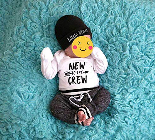 Newborn Baby Boy Clothes New to The Crew Letter Print Romper+Long Pants+Hat 3PCS Outfits Set (White, 3-6 Months)