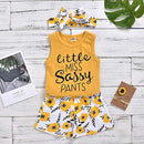 Toddler Baby Girl Outfits Flower Tops Sleeveless Vest Shorts Headband Summer Clothes Set(Size110/3-4T) Yellow