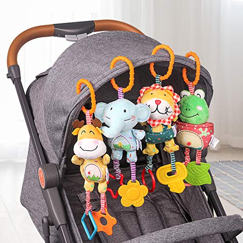 TUMAMA Baby Toys for 0, 3, 6, 9, 12 Months, Handbells Baby Rattles with Teethers Soft Plush Early Development Stroller Car Toys for Infant, Newborn Birthday Gifts, 4 Pack