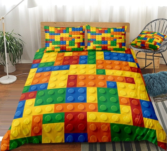Toy Print Bedding Set Dot Building Blocks Comforter Cover Kids Boy Bed Cover Colorful Bricks Game Bedlinen Duvet Cover Set