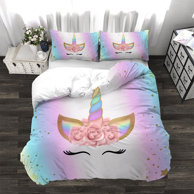 3D Cartoon Unicorn Lovely Kids Bedding Set King Size Floral Girl Quilt Duvet Cover Girly Home Textiles 3pcs Drop Ship Kawaii Bed